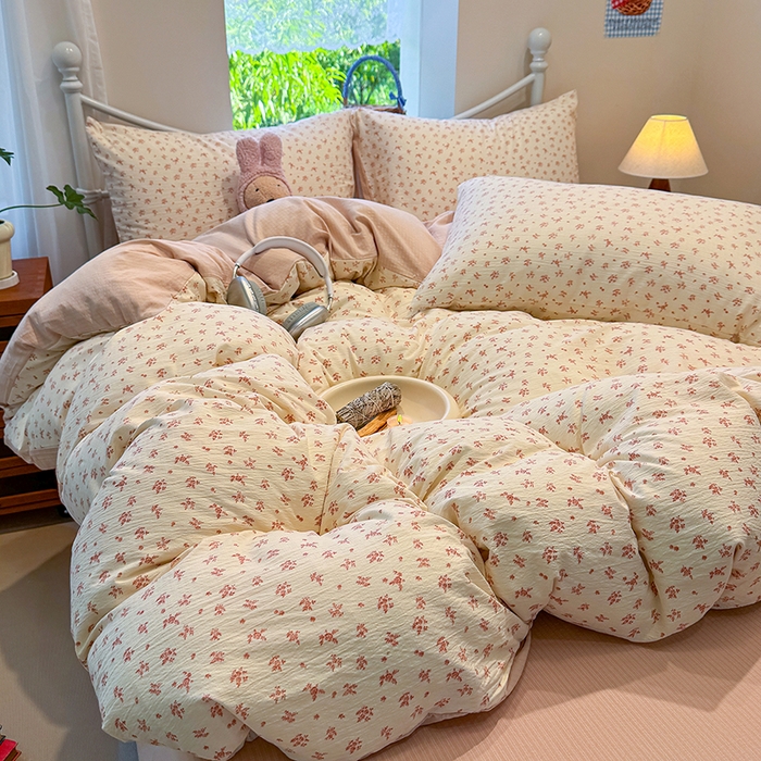 91家纺网 家纺一手货源 找家纺 颜选 2025春夏新款双层纱印花四件套 蔷薇花开