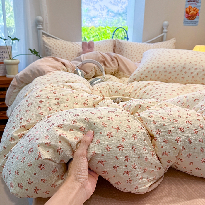 91家纺网 家纺一手货源 找家纺 颜选 2025春夏新款双层纱印花四件套 蔷薇花开