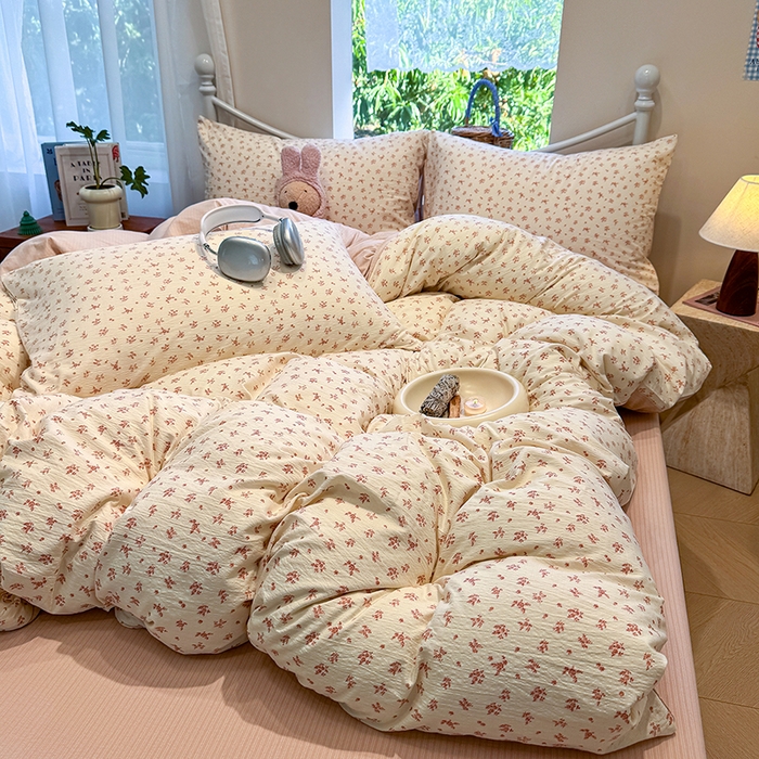 91家纺网 家纺一手货源 找家纺 颜选 2025春夏新款双层纱印花四件套 蔷薇花开