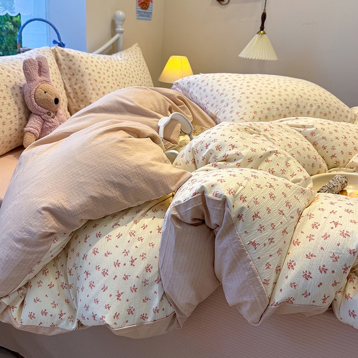 91家纺网 家纺一手货源 找家纺 颜选 2025春夏新款双层纱印花四件套 蔷薇花开