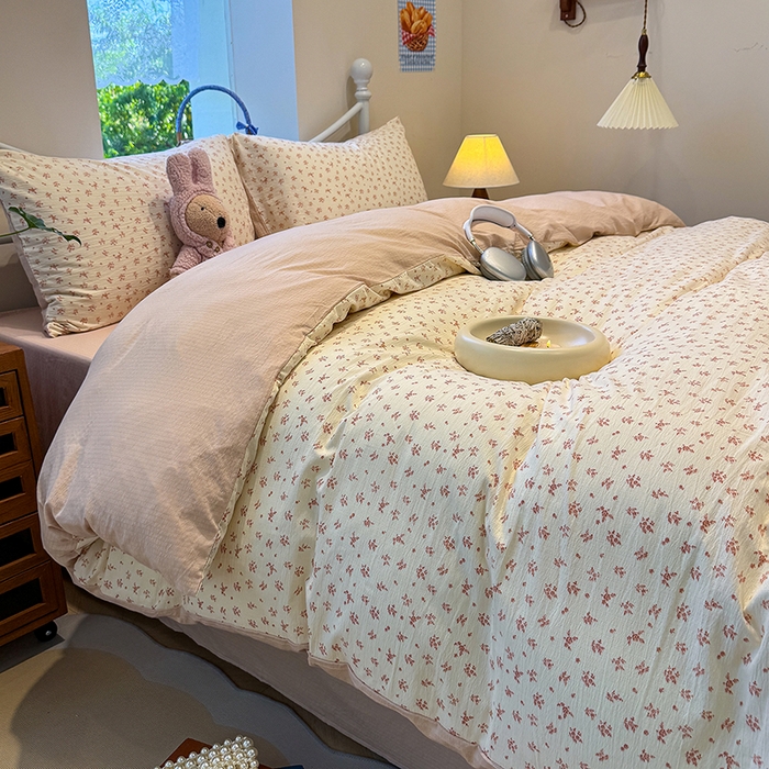 91家纺网 家纺一手货源 找家纺 颜选 2025春夏新款双层纱印花四件套 蔷薇花开