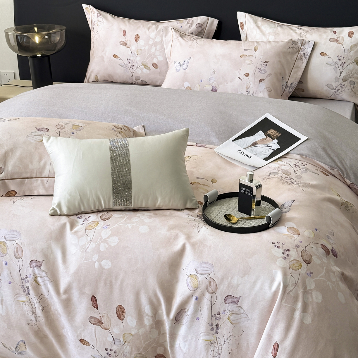 91家纺网 家纺一手货源 找家纺 清雅福2025新款A类全棉磨毛数码印花四件套 叶漫·粉