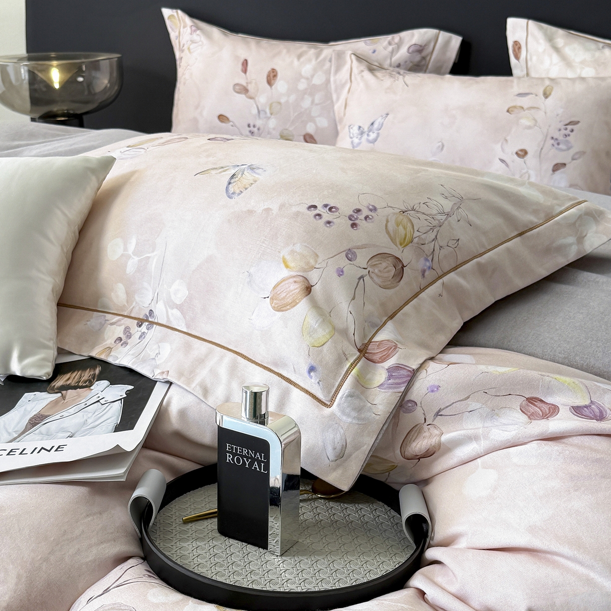 91家纺网 家纺一手货源 找家纺 清雅福2025新款A类全棉磨毛数码印花四件套 叶漫·粉