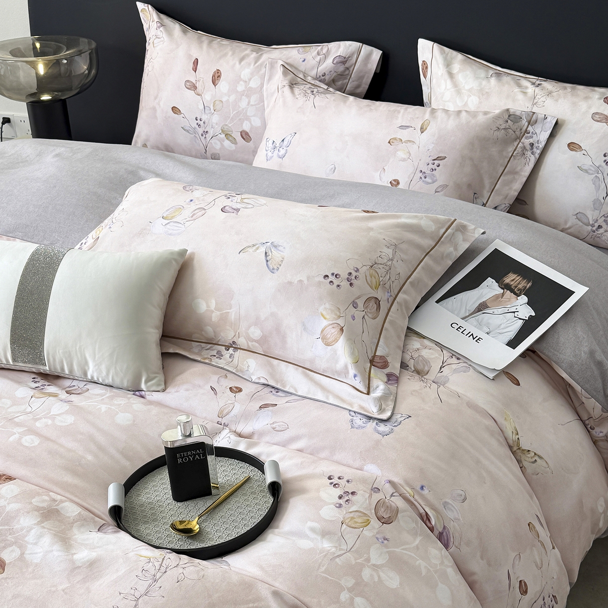 91家纺网 家纺一手货源 找家纺 清雅福2025新款A类全棉磨毛数码印花四件套 叶漫·粉