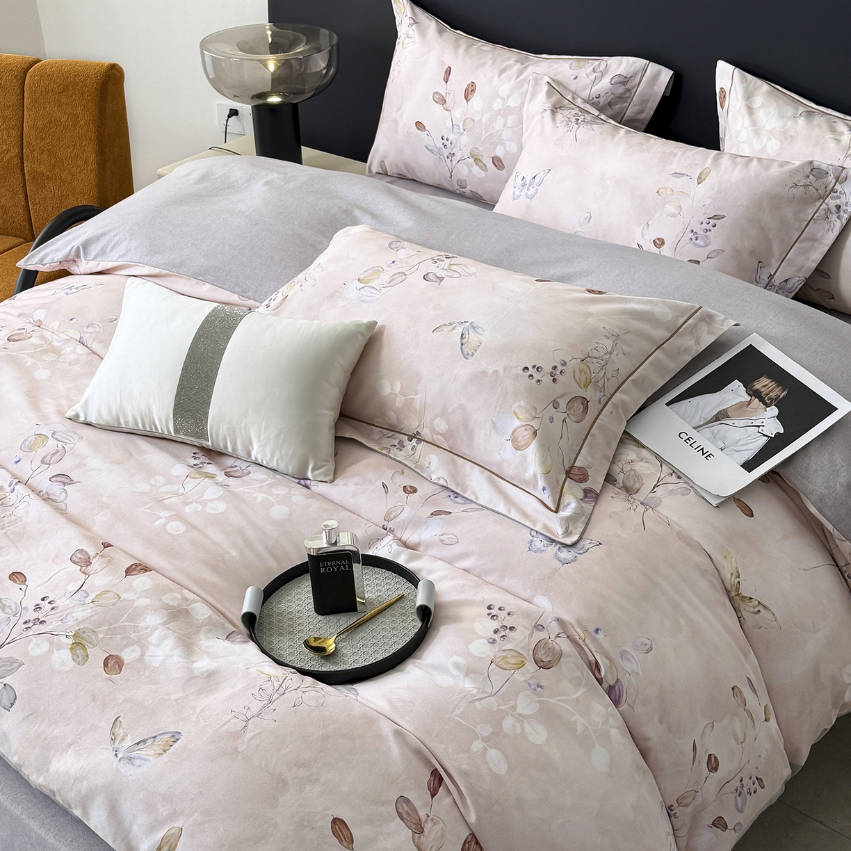 91家纺网 家纺一手货源 找家纺 清雅福2025新款A类全棉磨毛数码印花四件套 叶漫·粉