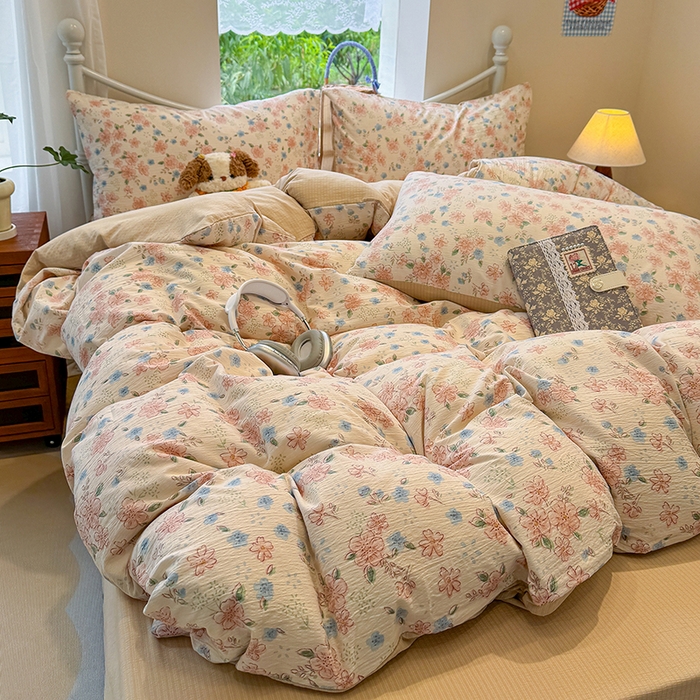 91家纺网 家纺一手货源 找家纺 颜选 2025春夏新款双层纱印花四件套 秋叶