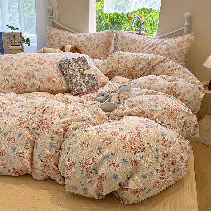 91家纺网 家纺一手货源 找家纺 颜选 2025春夏新款双层纱印花四件套 秋叶