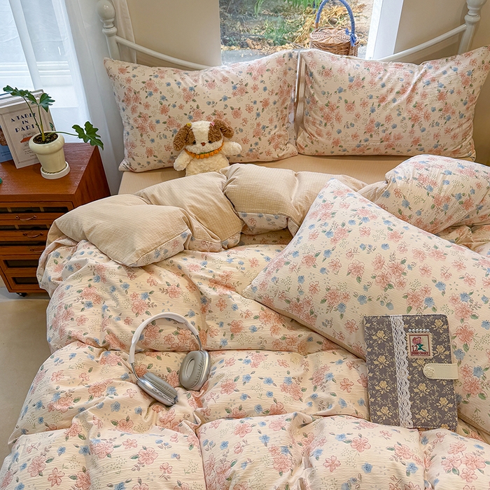 91家纺网 家纺一手货源 找家纺 颜选 2025春夏新款双层纱印花四件套 秋叶