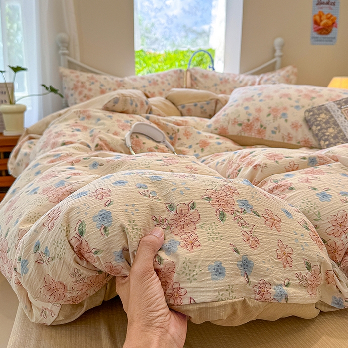 91家纺网 家纺一手货源 找家纺 颜选 2025春夏新款双层纱印花四件套 秋叶