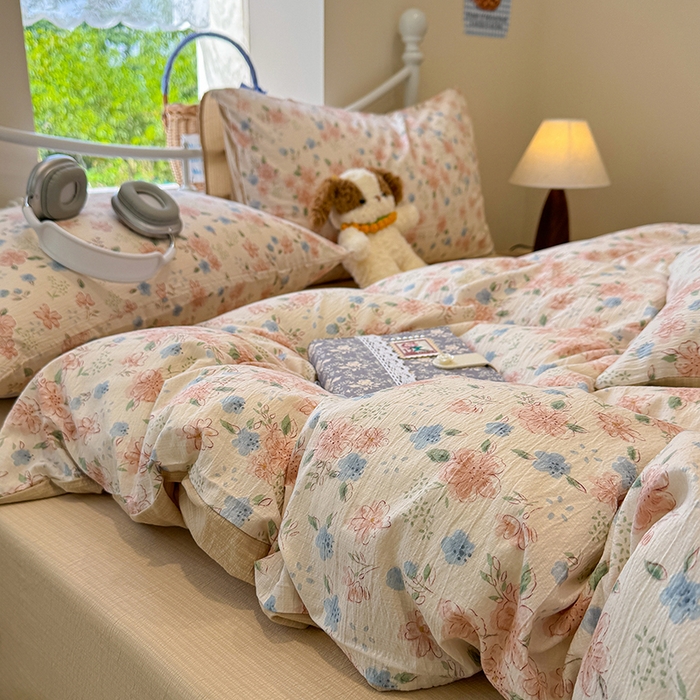 91家纺网 家纺一手货源 找家纺 颜选 2025春夏新款双层纱印花四件套 秋叶