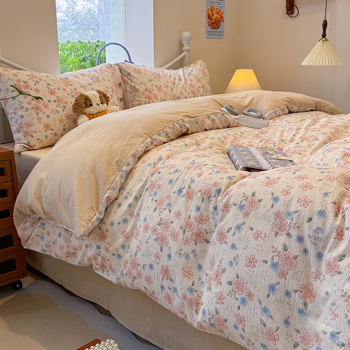 91家纺网 家纺一手货源 找家纺 颜选 2025春夏新款双层纱印花四件套 秋叶