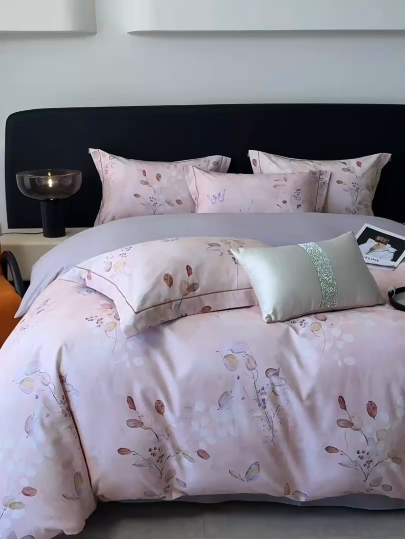 91家纺网 家纺一手货源 找家纺 清雅福2025新款A类全棉磨毛数码印花四件套 叶漫·粉