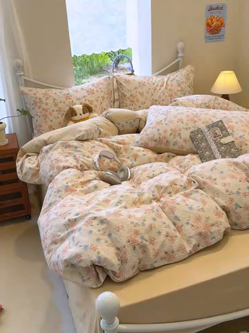 91家纺网 家纺一手货源 找家纺 颜选 2025春夏新款双层纱印花四件套 秋叶