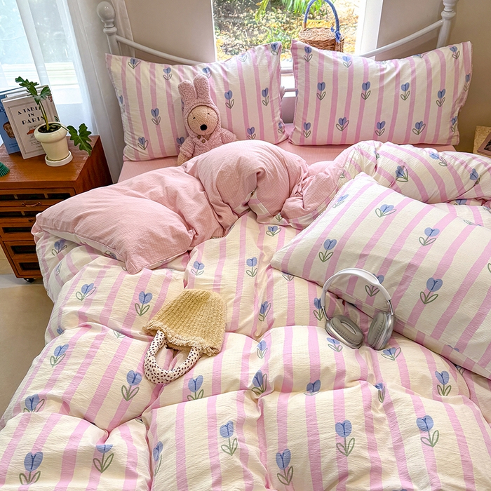 91家纺网 家纺一手货源 找家纺 颜选 2025春夏新款双层纱印花四件套 柔蔓幻蓝