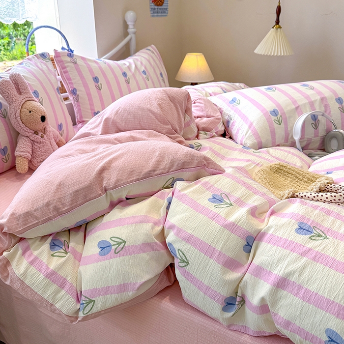 91家纺网 家纺一手货源 找家纺 颜选 2025春夏新款双层纱印花四件套 柔蔓幻蓝