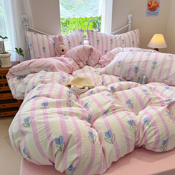 91家纺网 家纺一手货源 找家纺 颜选 2025春夏新款双层纱印花四件套 柔蔓幻蓝