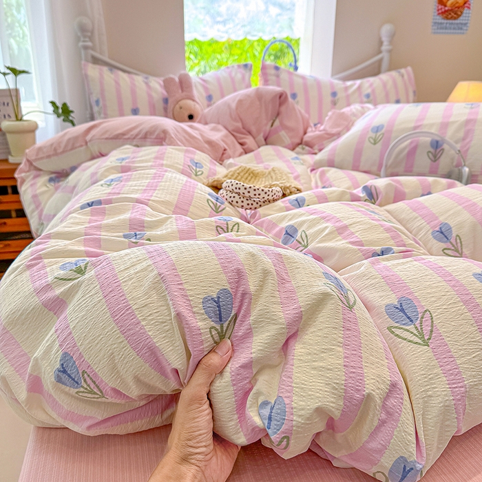 91家纺网 家纺一手货源 找家纺 颜选 2025春夏新款双层纱印花四件套 柔蔓幻蓝