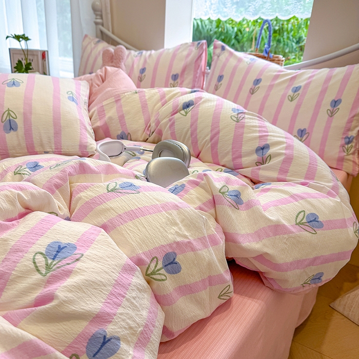 91家纺网 家纺一手货源 找家纺 颜选 2025春夏新款双层纱印花四件套 柔蔓幻蓝