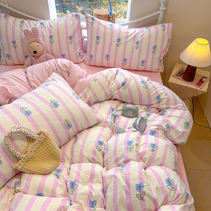 91家纺网 家纺一手货源 找家纺 颜选 2025春夏新款双层纱印花四件套 柔蔓幻蓝