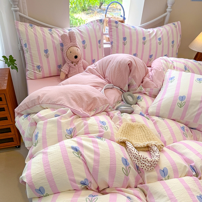 91家纺网 家纺一手货源 找家纺 颜选 2025春夏新款双层纱印花四件套 柔蔓幻蓝