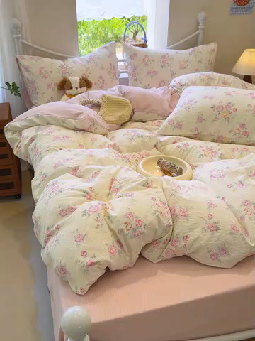 91家纺网 家纺一手货源 找家纺 颜选 2025春夏新款双层纱印花四件套 双层纱花期