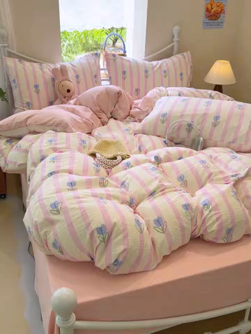 91家纺网 家纺一手货源 找家纺 颜选 2025春夏新款双层纱印花四件套 柔蔓幻蓝