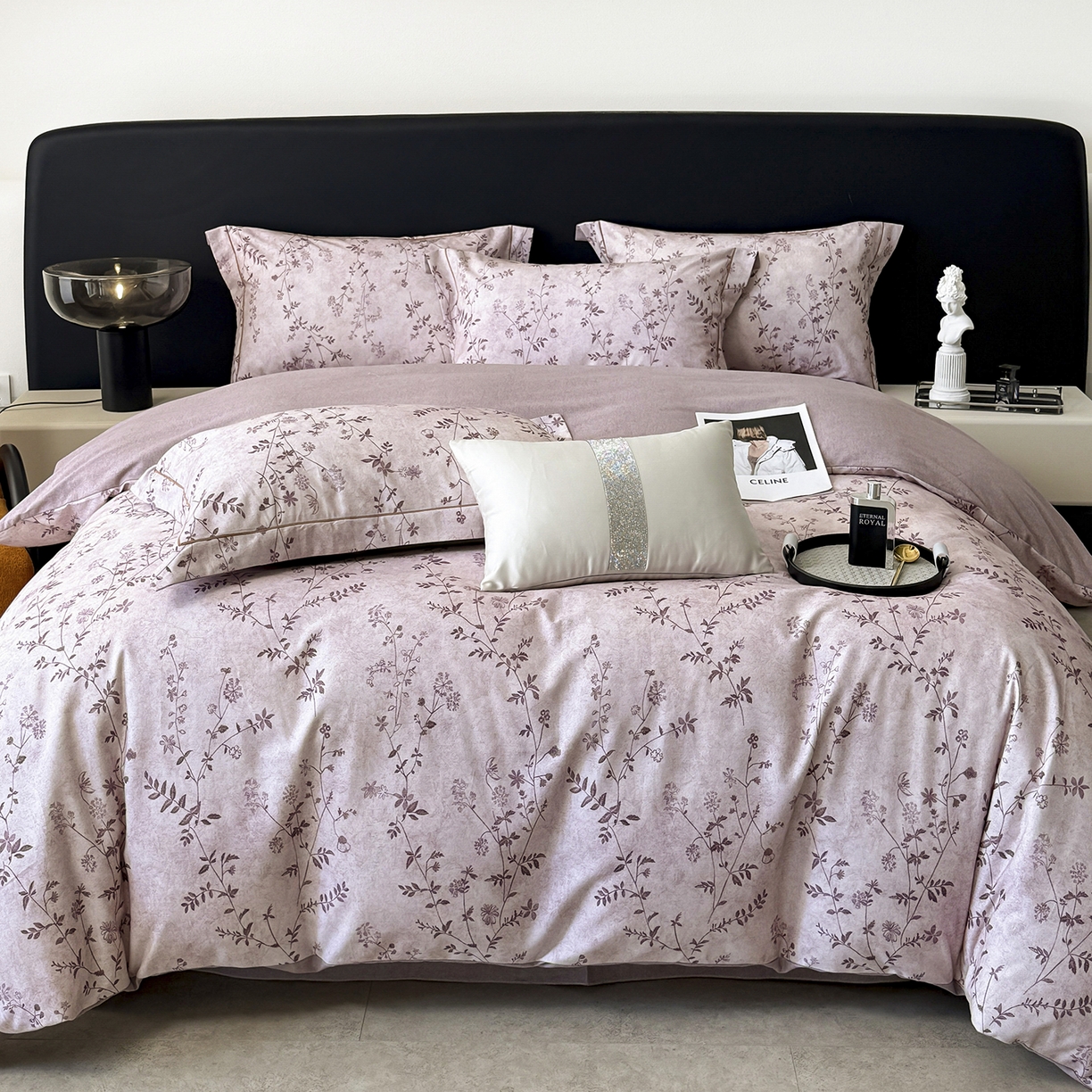 91家纺网 家纺一手货源 找家纺 清雅福2025新款A类全棉磨毛数码印花四件套 织梦·粉紫