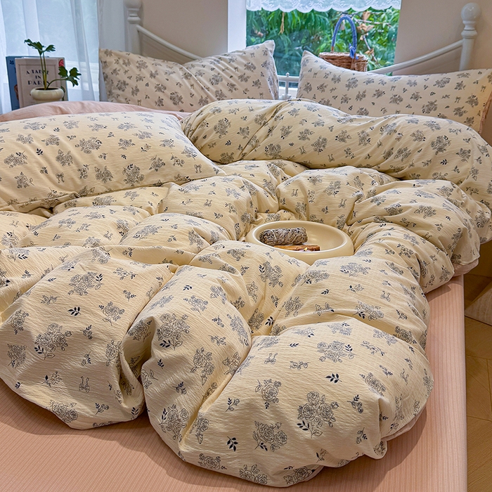 91家纺网 家纺一手货源 找家纺 颜选 2025春夏新款双层纱印花四件套 素笺花语