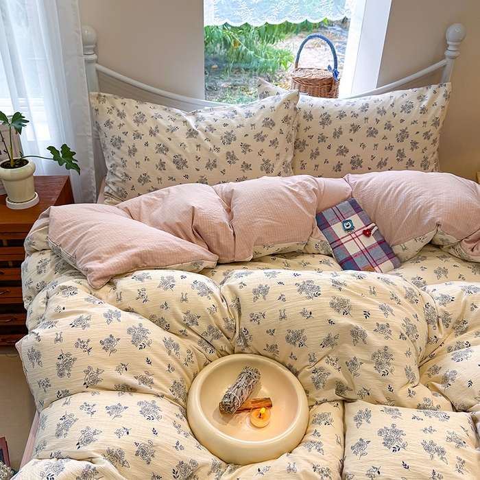 91家纺网 家纺一手货源 找家纺 颜选 2025春夏新款双层纱印花四件套 素笺花语