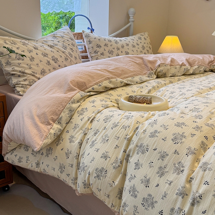 91家纺网 家纺一手货源 找家纺 颜选 2025春夏新款双层纱印花四件套 素笺花语