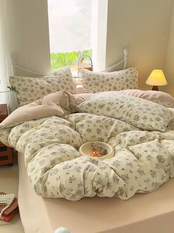 91家纺网 家纺一手货源 找家纺 颜选 2025春夏新款双层纱印花四件套 素笺花语