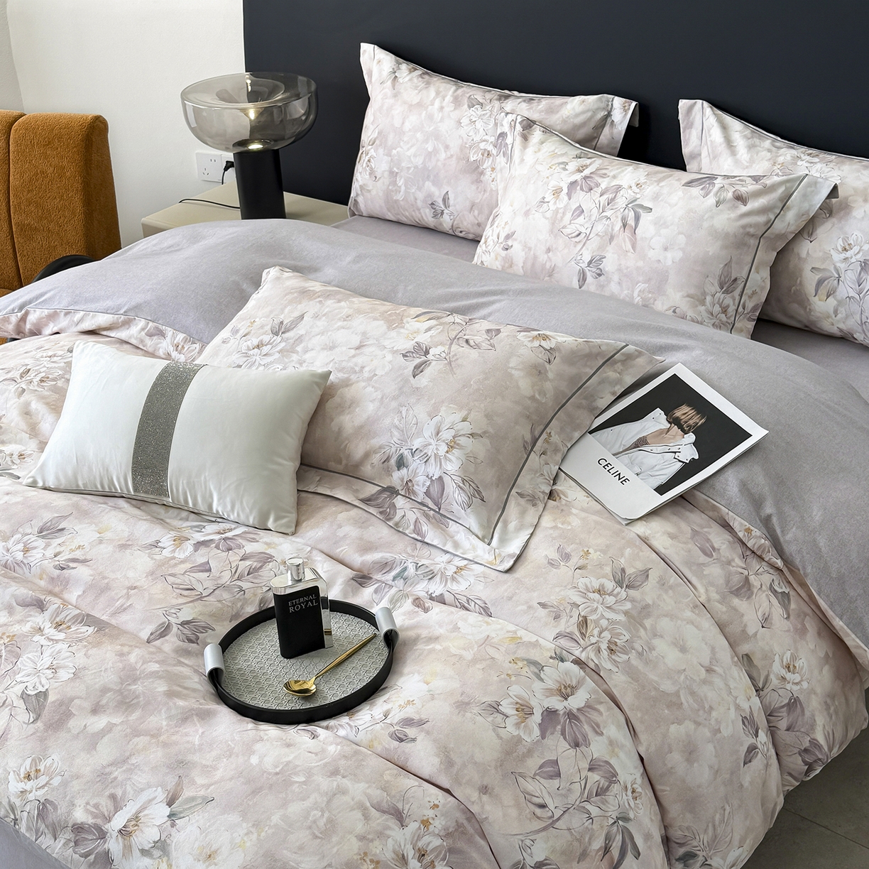 91家纺网 家纺一手货源 找家纺 清雅福2025新款A类全棉磨毛数码印花四件套 栀晓·咖