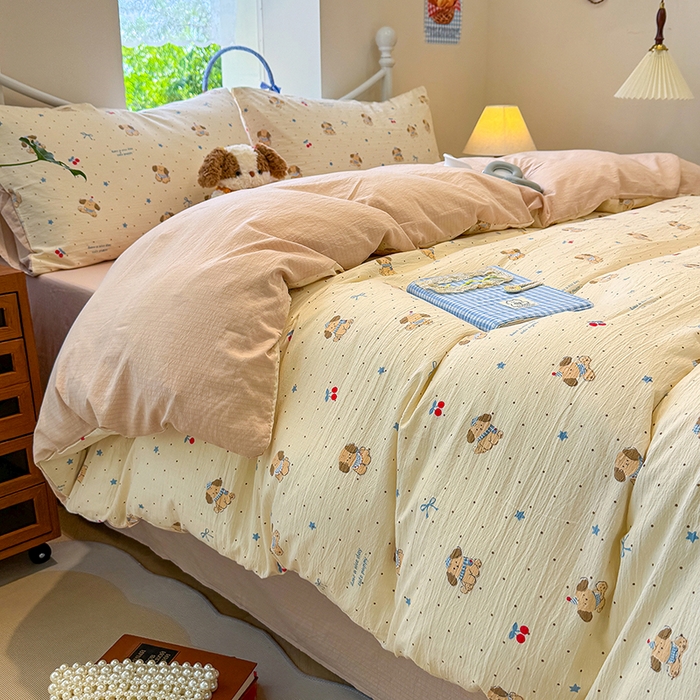 91家纺网 家纺一手货源 找家纺 颜选 2025春夏新款双层纱印花四件套 旺仔小樱桃