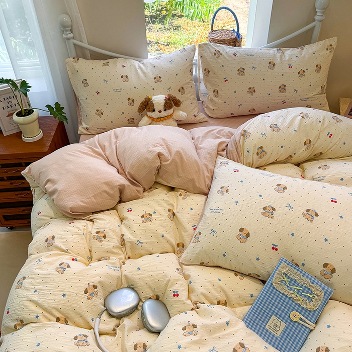 91家纺网 家纺一手货源 找家纺 颜选 2025春夏新款双层纱印花四件套 旺仔小樱桃