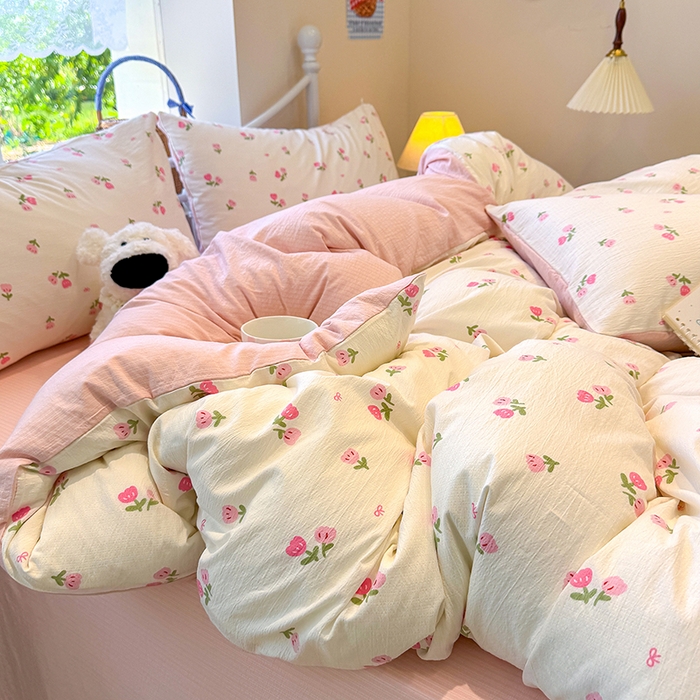 91家纺网 家纺一手货源 找家纺 颜选 2025春夏新款双层纱印花四件套 相思红豆