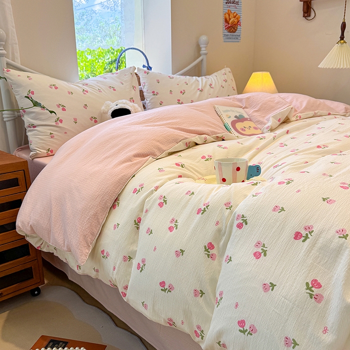 91家纺网 家纺一手货源 找家纺 颜选 2025春夏新款双层纱印花四件套 相思红豆