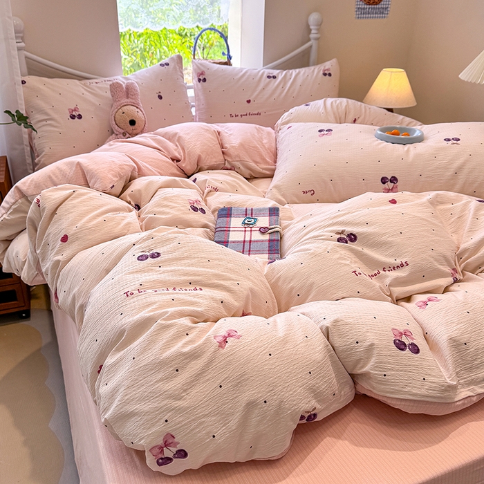 91家纺网 家纺一手货源 找家纺 颜选 2025春夏新款双层纱印花四件套 樱桃