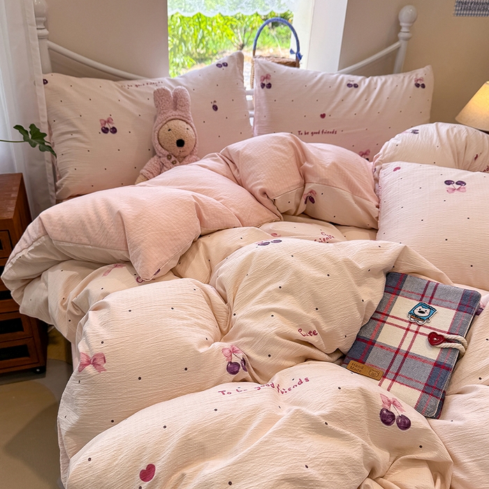 91家纺网 家纺一手货源 找家纺 颜选 2025春夏新款双层纱印花四件套 樱桃