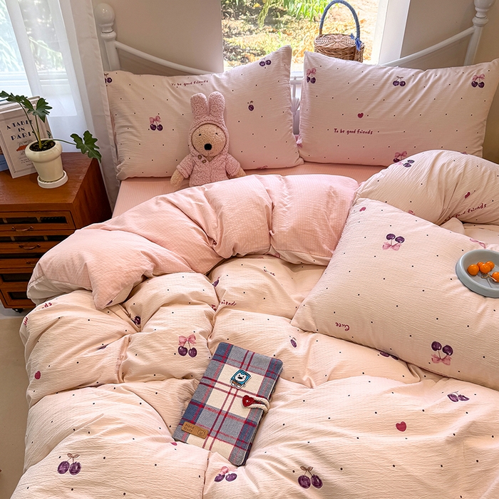 91家纺网 家纺一手货源 找家纺 颜选 2025春夏新款双层纱印花四件套 樱桃