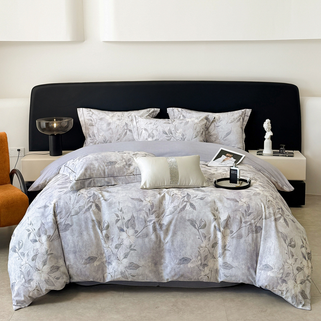 91家纺网 家纺一手货源 找家纺 清雅福2025新款A类全棉磨毛数码印花四件套 琼枝·灰