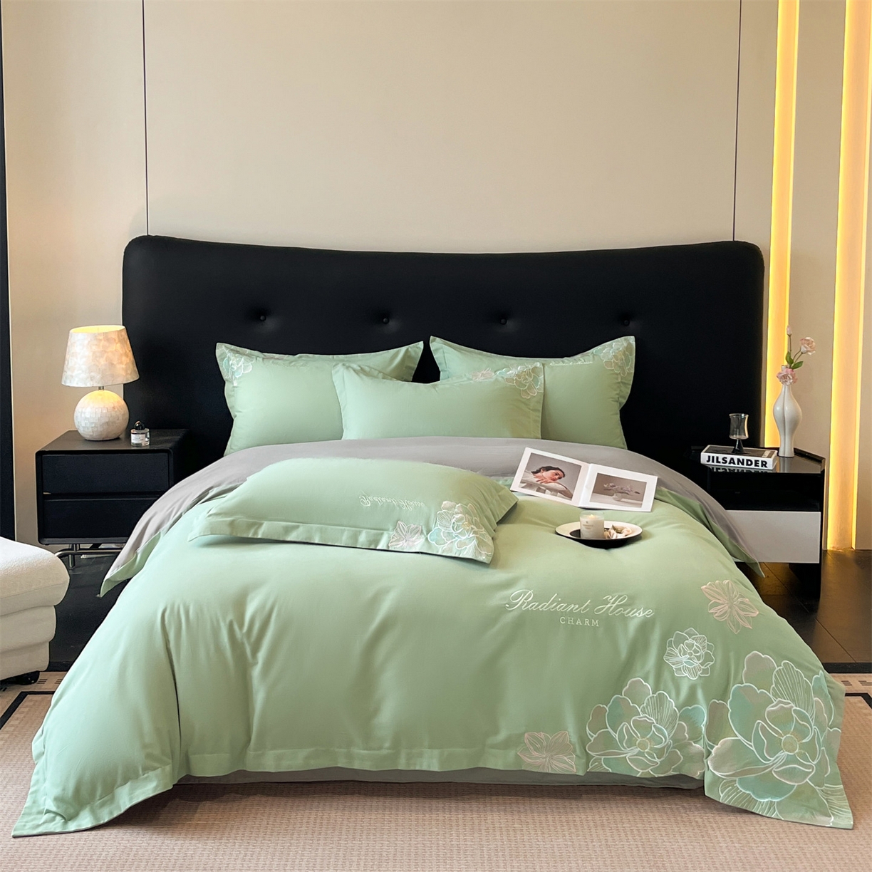 91家纺网 家纺一手货源 找家纺 笙意家纺 2025新款A类全棉磨毛刺绣四件套-秘境系列 秘境-春野绿+陨石灰