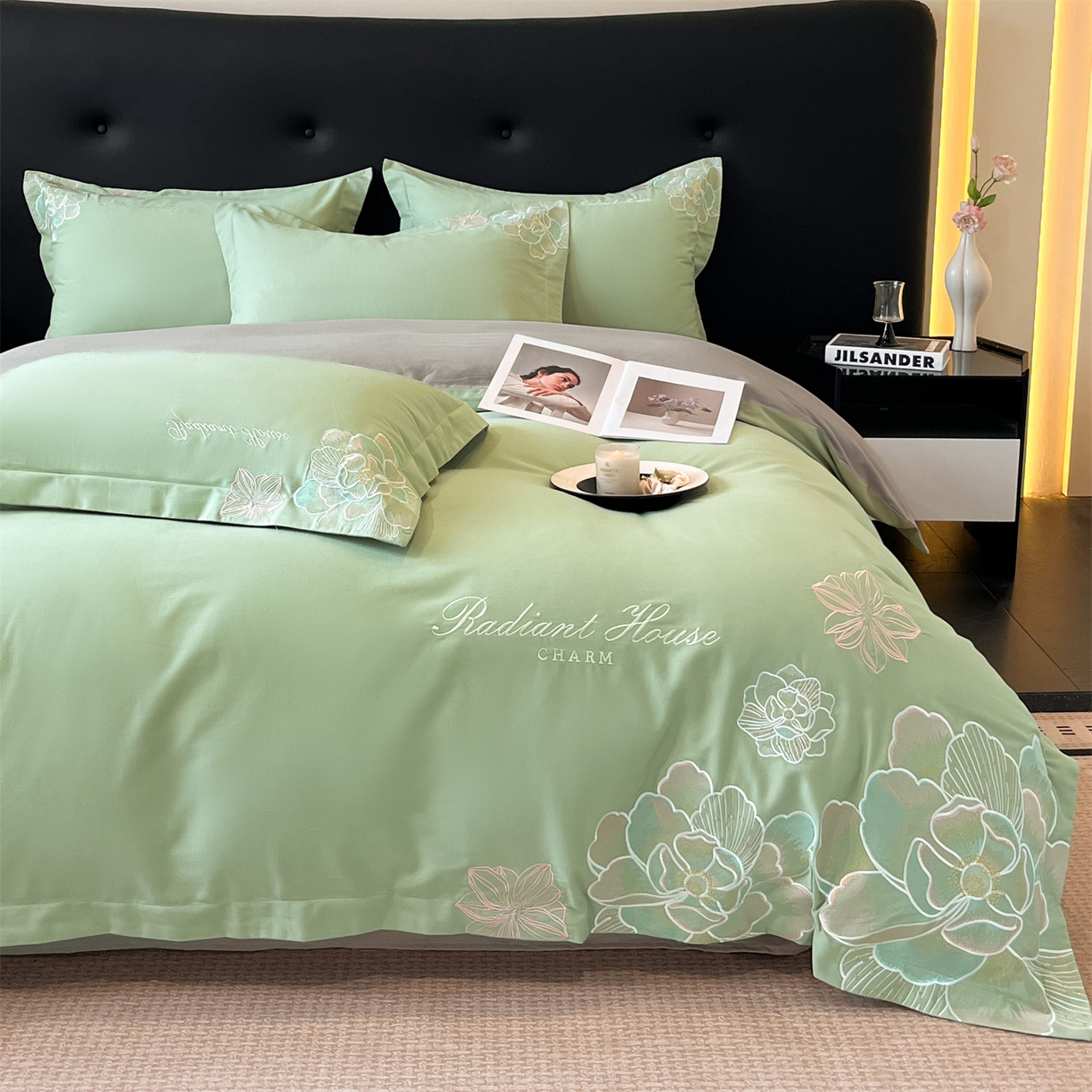 91家纺网 家纺一手货源 找家纺 笙意家纺 2025新款A类全棉磨毛刺绣四件套-秘境系列 秘境-春野绿+陨石灰