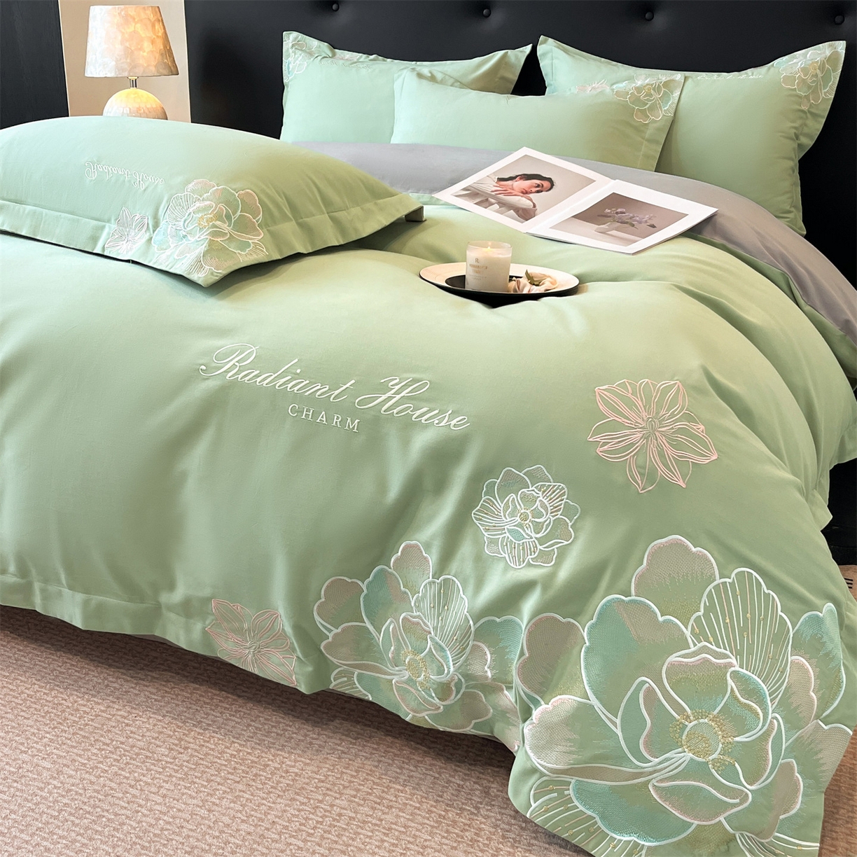 91家纺网 家纺一手货源 找家纺 笙意家纺 2025新款A类全棉磨毛刺绣四件套-秘境系列 秘境-春野绿+陨石灰