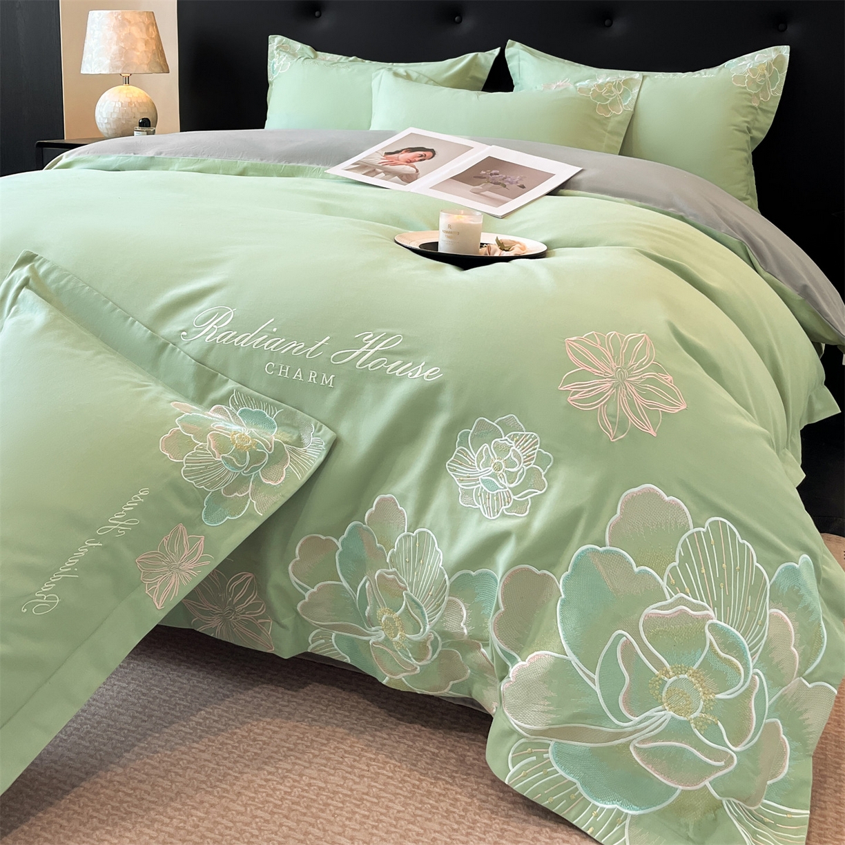 91家纺网 家纺一手货源 找家纺 笙意家纺 2025新款A类全棉磨毛刺绣四件套-秘境系列 秘境-春野绿+陨石灰