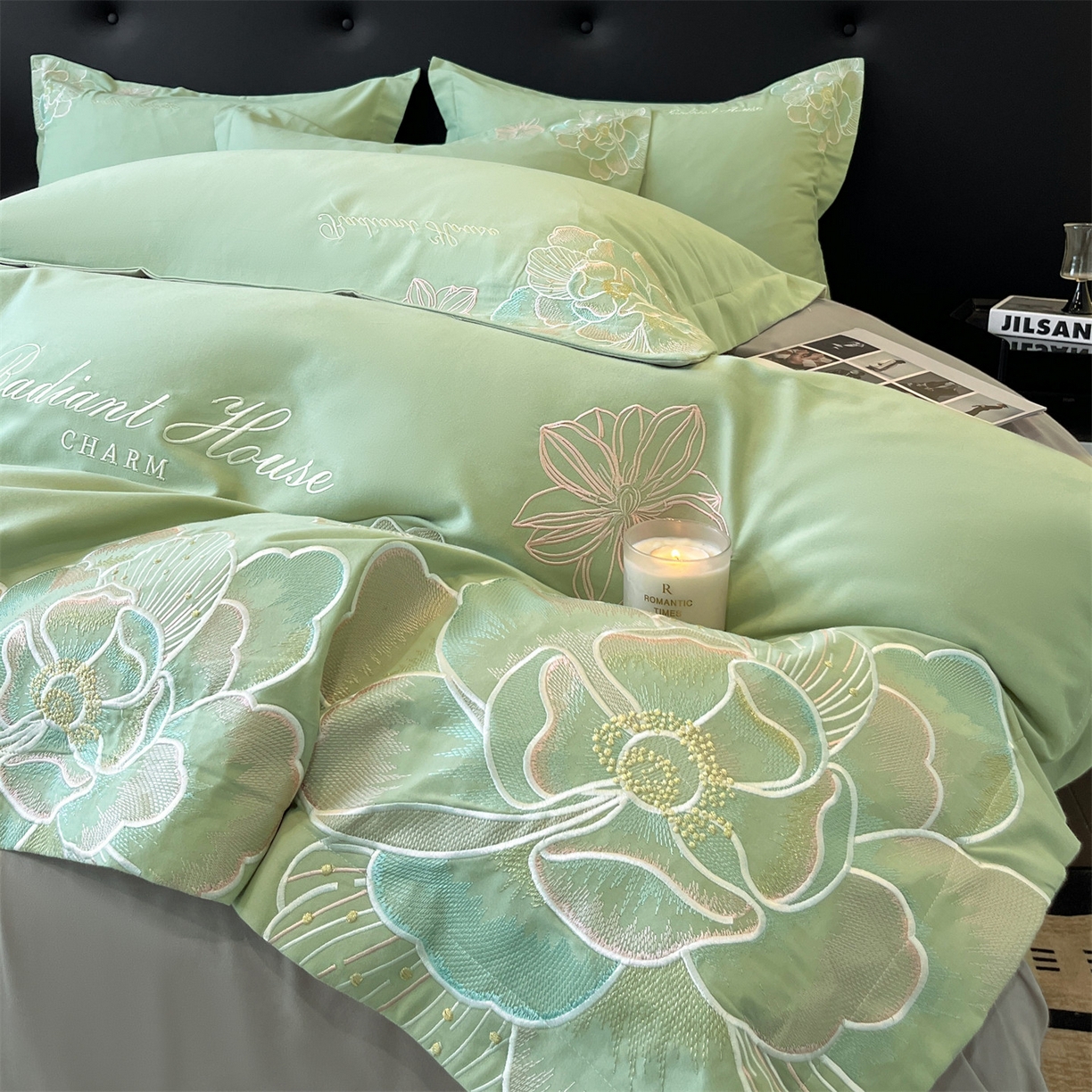 91家纺网 家纺一手货源 找家纺 笙意家纺 2025新款A类全棉磨毛刺绣四件套-秘境系列 秘境-春野绿+陨石灰