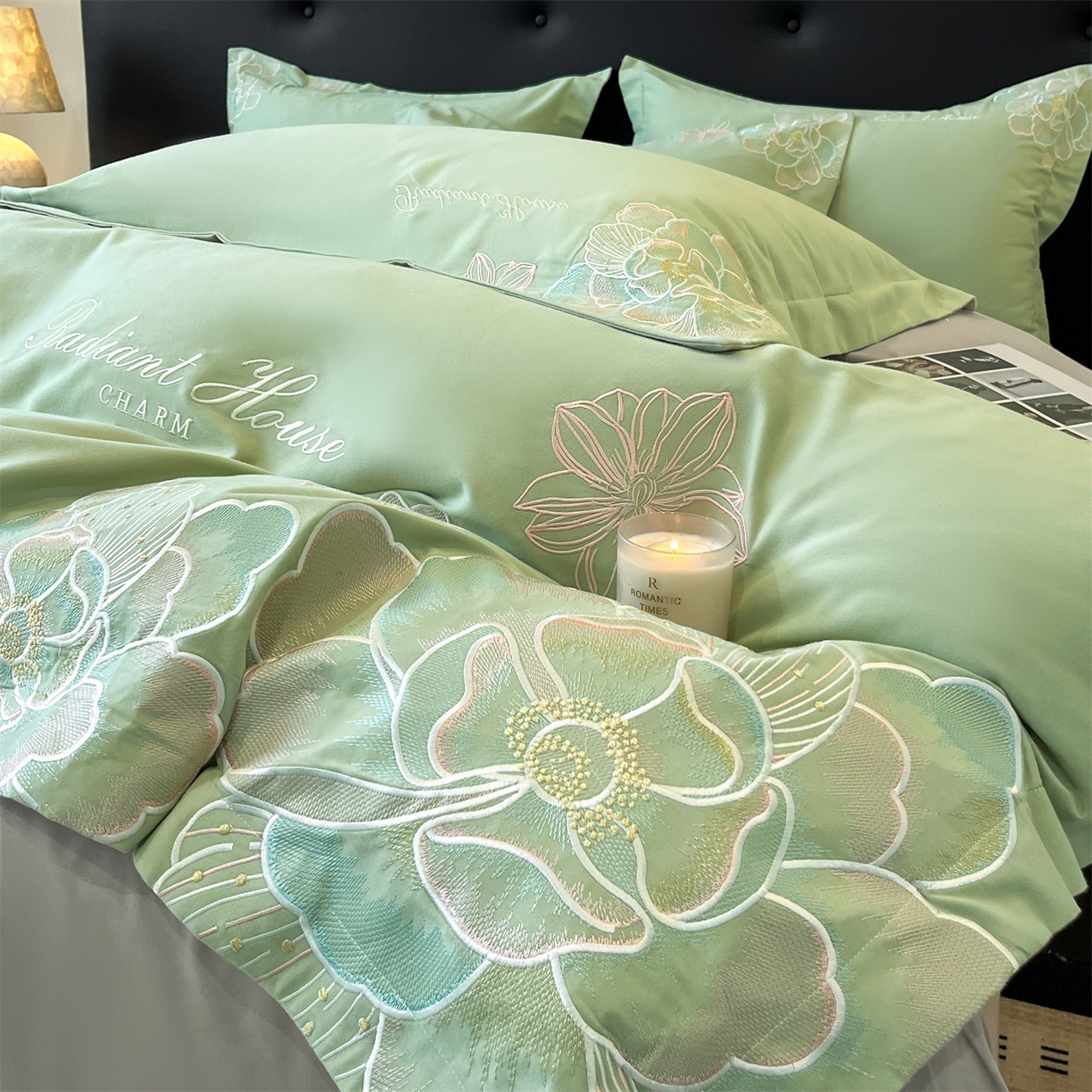 91家纺网 家纺一手货源 找家纺 笙意家纺 2025新款A类全棉磨毛刺绣四件套-秘境系列 秘境-春野绿+陨石灰