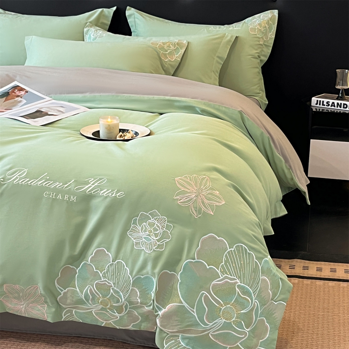 91家纺网 家纺一手货源 找家纺 笙意家纺 2025新款A类全棉磨毛刺绣四件套-秘境系列 秘境-春野绿+陨石灰