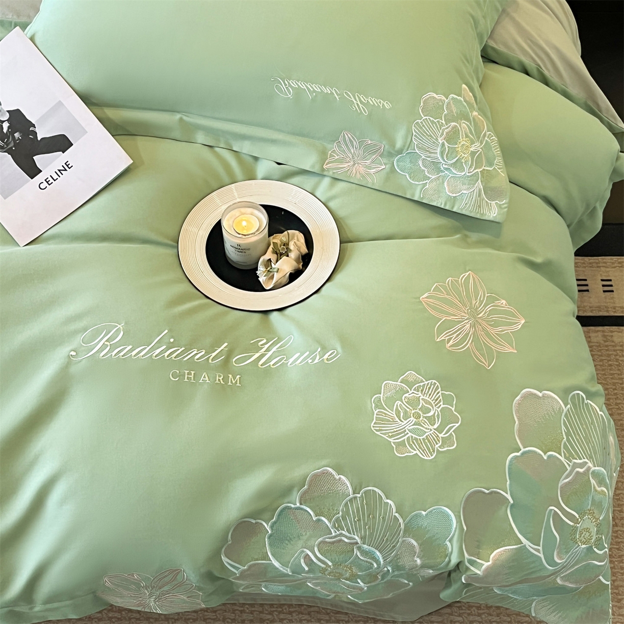 91家纺网 家纺一手货源 找家纺 笙意家纺 2025新款A类全棉磨毛刺绣四件套-秘境系列 秘境-春野绿+陨石灰