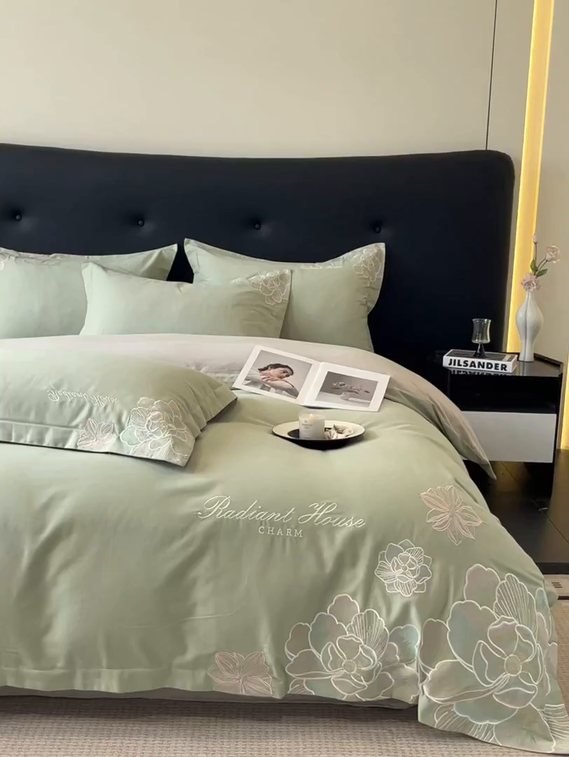 91家纺网 家纺一手货源 找家纺 笙意家纺 2025新款A类全棉磨毛刺绣四件套-秘境系列 秘境-春野绿+陨石灰