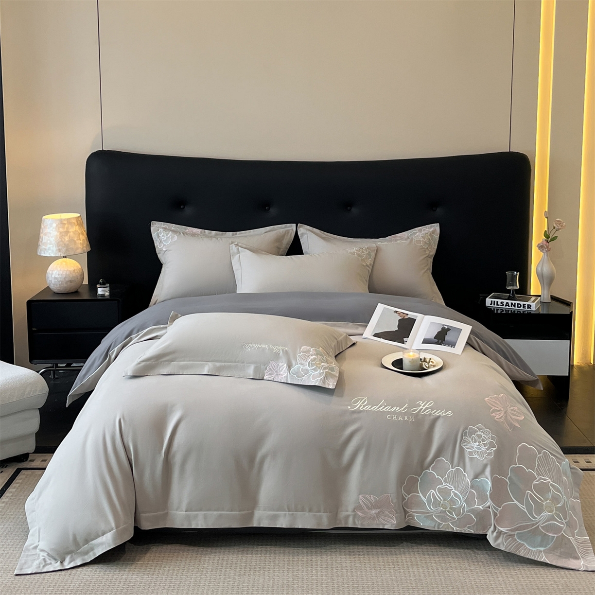 91家纺网 家纺一手货源 找家纺 笙意家纺 2025新款A类全棉磨毛刺绣四件套-秘境系列 秘境-陨石灰+魅影灰